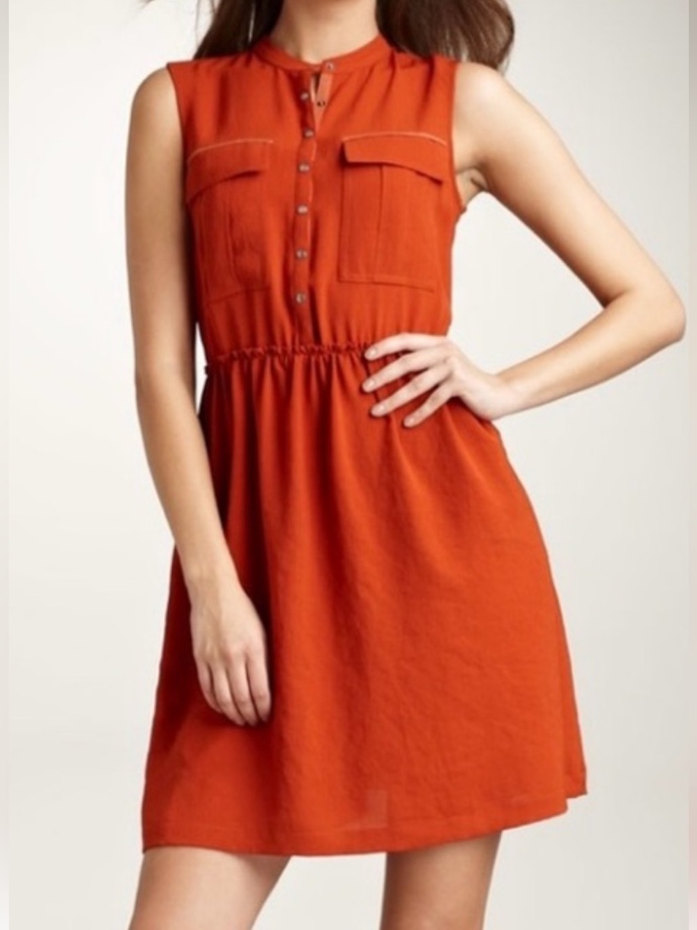 Burberry Sleeveless Rust-Orange Button Front Mini Dress